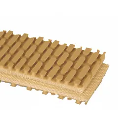 This conveyor belting is a multi-ply construction with a high-grip surface for secure transport of materials on inclined or flat conveyors. It is 60 inches wide, 21/64 inches thick, tan in color, and supplied cut to length with a minimum of 15 feet. Suitable for heavy-duty material handling applications such as bulk processing and aggregate transport.
