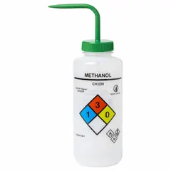 Wide Mouthed Standard Spout Wash Bottle, 1 L, Methanol, Green Closure, Vented Spout, Colorless