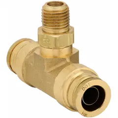 This brass tee fitting has two push-to-connect ports for 1/2 in OD tubing and one 1/4 in male NPT threaded port. It is used in pneumatic and air brake systems to branch a tube line into a threaded connection, enabling tool-free assembly in compressed air circuits.