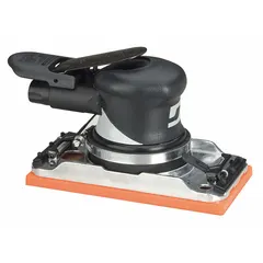 Dynabrade Palm-style orbital sheet sander for fine finishing on wood, metal, and composite surfaces. Non-vacuum model with 0.28 hp, 18 cfm air consumption, and 10,000 RPM max speed. Tool length 7 1/4 in. Suitable for automotive bodywork, woodworking, and fabrication where a smooth finish is required.