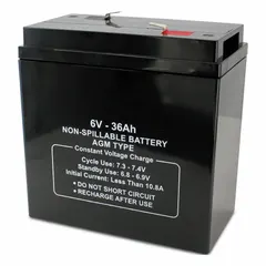 APPROVED VENDOR AGM Sealed Lead Acid Battery, 6V DC, 36 Ah, 0.250 in Faston Terminals, ABS Housing, Dual Purpose, 47043