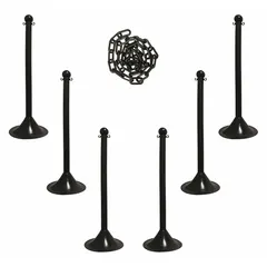 Solid-Color Plastic Chain Barrier System, 6 Black Posts, 50 ft Black Chain