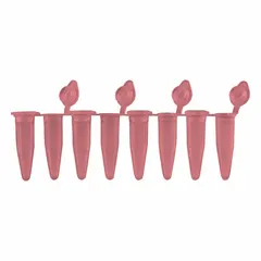 PCR Strip, Polypropylene, 0.2 mL, Red, Conical Bottom, Attached Flat Caps