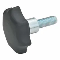 Plastic 7-arm knob with stainless steel threaded stud and hub. Designed for manual adjustment and clamping on industrial equipment. Features a 7-point ergonomic grip for operator use