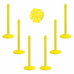 Solid-Color Plastic Chain Barrier System, Yellow, 6 Posts, 50 ft Chain