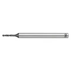 This solid carbide micro drill bit features a 2.39 mm diameter, 140° 4-facet point, and TiAlN coating. It has a regular spiral flute design. Used for precision drilling in hardened steels, stainless steels, and other tough materials in mold, die, and aerospace applications.