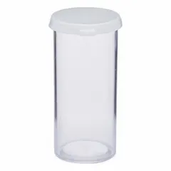 APPROVED VENDOR Vial with Cap, Polystyrene, 44.36 mL, 36.5 mm Body Dia, Non-Sterile, Round, Self-Standing, External Threads, Colorless