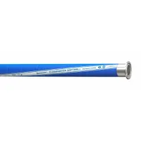 This hose assembly is designed for transferring drinking water in applications such as dewatering, irrigation, and general water discharge. It features a smooth EPDM cover and synthetic spiral-plied fabric reinforcement. Specifications: 2 in inside diameter, 100 ft length, 150 psi rating, blue color, 2 in x 2 in fitting size, temperature range -40° to 212°F