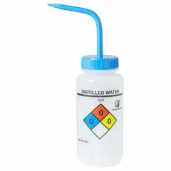 APPROVED VENDOR Wide Mouthed Standard Spout Wash Bottle, 500 mL, Distilled Water, Vented Spout, Colorless Body, Blue Closure, UN370054