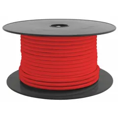 Single-conductor primary wire with cross-linked polyethylene (XLPE) insulation, 18 AWG, 100 ft length, red, rated 50 V. Suitable for automotive, marine, and industrial electrical systems requiring resistance to heat, oil, and abrasion.