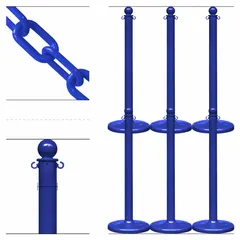 Medium Duty Stanchion and Chain Kit, Blue Chain, 4 Posts, 50 ft