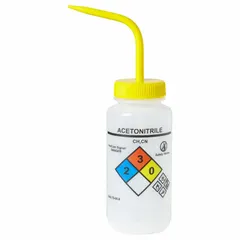 APPROVED VENDOR Wide Mouthed Standard Spout Wash Bottle, 500 mL, Acetonitrile, Yellow Closure, Colorless Body, Vented Spout (UN370060)