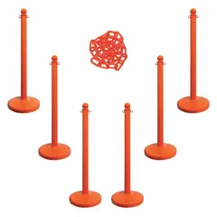 Solid-Color Plastic Chain Barrier System, Safety Orange, 6 Posts, 50 ft Chain