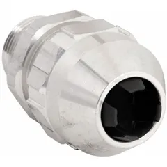Straight metallic cable grip with 1/2 in MNPT box connection, accepting cord diameters from 0.15 in to 0.27 in. Aluminum body with silver finish, rated IP66 for moisture and dust protection. Certified for Class I, Zone 2, Division 2 hazardous locations. Used to secure and seal cords entering enclosures in industrial environments.