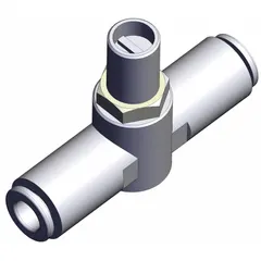 In-line speed control valve with 1/4 in valve body size and meter-out flow control configuration. Adjustment via screwdriver slot. Constructed from brass and PBT. Used to regulate actuator speed in pneumatic systems by metering exhaust air flow.