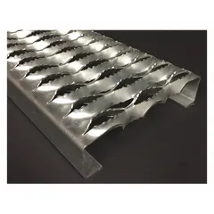 This steel channel with serrated surface is used as stair treads and channels in industrial environments. It provides slip-resistant walking surfaces on ladders, platforms, and catwalks for worker safety.