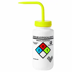Wide Mouthed Standard Spout Wash Bottle, 500 mL, Sodium Hypochlorite, Yellow Closure, Colorless Body, Vented