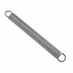 Music wire extension spring with 4 mm wire diameter, 45 mm O.D., and 303 mm free length. Oil finish. Crossover center loop ends for tension applications in industrial machinery and automation systems.