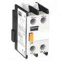 This Dayton auxiliary contact is a front-mounted unit with two normally open (2NO) poles rated for 2.5 A maximum AC current. It is used to add signaling or interlock circuits to contactors or relays in motor control and automation systems.