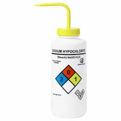 Wash Bottle, Wide Mouth, Vented Spout, 1 L, Sodium Hypochlorite, Yellow Closure, Colorless Body