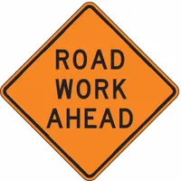 This rigid aluminum sign measures 30 in x 30 in with a thickness of 0.08 in. It features a High-Intensity Prismatic retroreflective grade for enhanced visibility. The orange sign complies with MUTCD standard W20-1 for road work ahead warnings. Typical applications include temporary traffic control in construction and maintenance zones