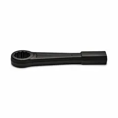 Black-finished steel striking box end wrench with a 2-3/4 in head size, 1-3/4 in head thickness, and 13-1/16 in overall length. The 12-point box end allows engagement with fasteners at tight angles, while the striking face enables hammer-assisted loosening or tightening in heavy-duty bolting applications.