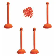 Solid-Color Plastic Chain Barrier System, Safety Orange, 4 Posts, 30 ft Chain
